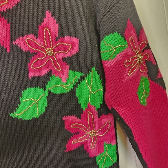 Vintage Oversized Pink Black Floral Knit Sweater High Neck Gold Beaded Size Med - Picture 6 of 10